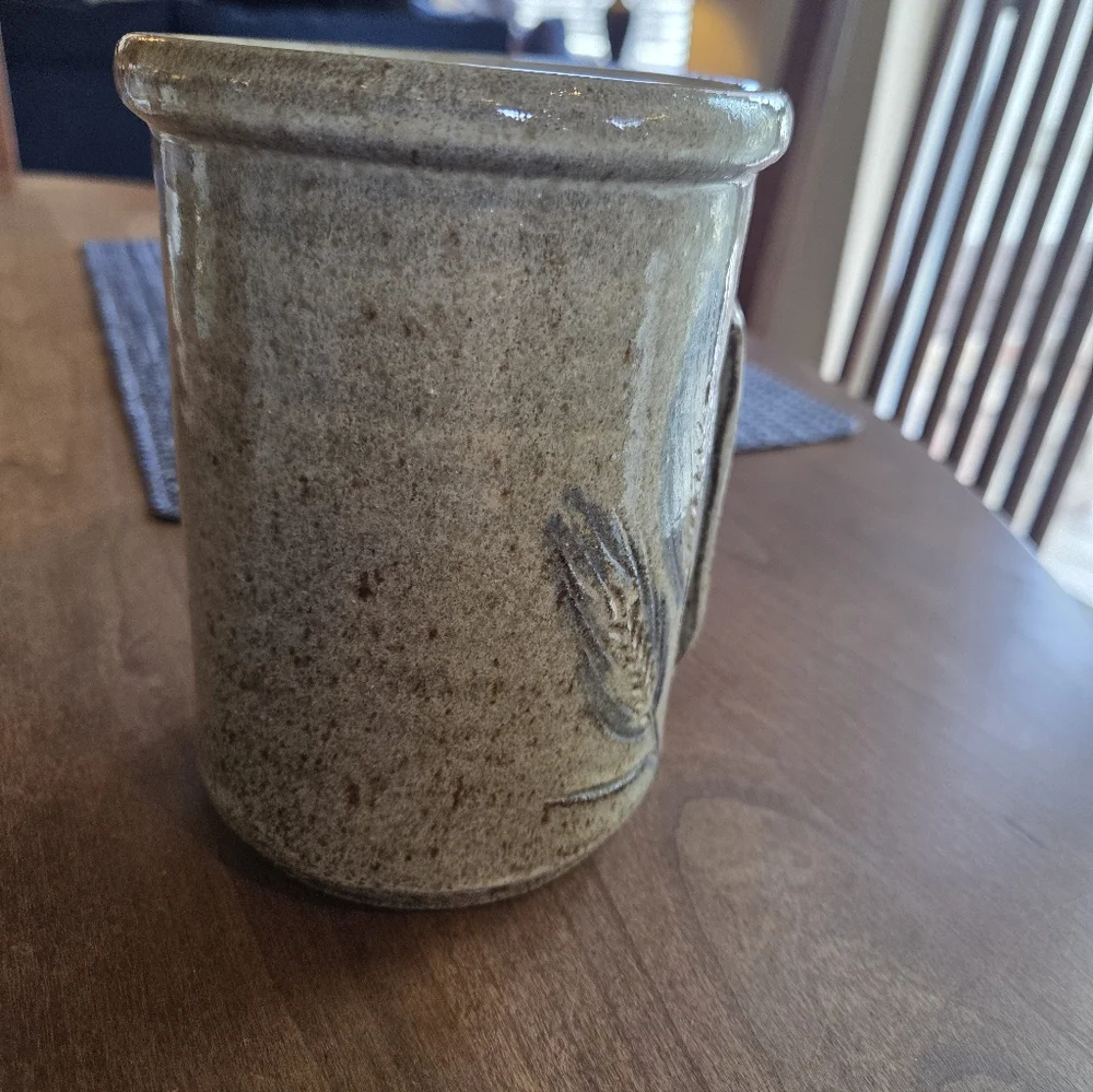 Pottery Crock Marked 'Spoons' Tan/Gray Glaze With Blue Wheat Sheafs